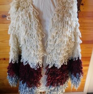 Stylish Loop Knit Cardigan in Cream, Burgundy, and Blue